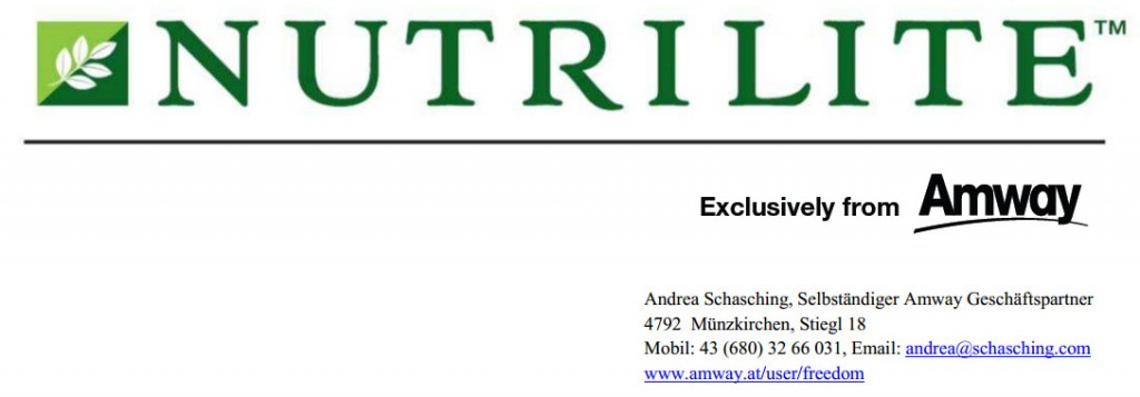 Nutrilite Logo (exclusively from Amway) mit Kontaktdaten Andrea